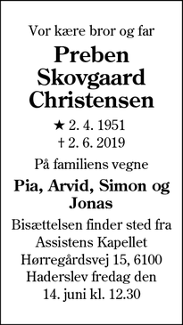 Dødsannoncen for Preben Skovgaard Christensen - Haderslev