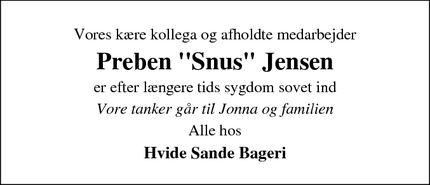 Dødsannoncen for Preben "Snus" Jensen - Hvide Sande