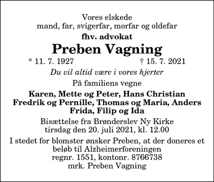 Dødsannoncen for Preben Vagning - Brønderslev