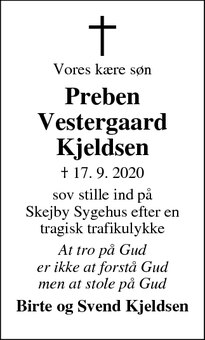 Dødsannoncen for Preben Vestergaard Kjeldsen - Videbæk