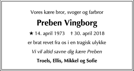 Dødsannoncen for Preben Vingborg - Hovborg