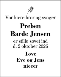 Dødsannoncen for Preben
Barde Jensen - Vorgod / Barde