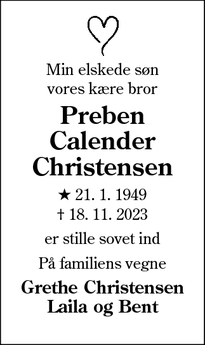 Dødsannoncen for Preben
Calender
Christensen - Gråsten