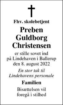 Dødsannoncen for Preben
Guldborg
Christensen - Ballerup