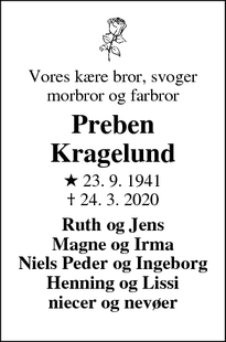 Dødsannoncen for Preben
Kragelund - Tjørring