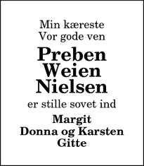 Dødsannoncen for Preben
Weien
Nielsen - Løkken