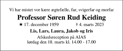 Dødsannoncen for Professor Søren Rud Keiding - Århus