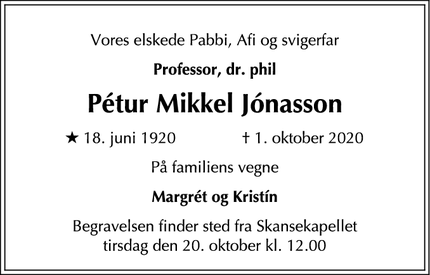 Dødsannoncen for Pétur Mikkel Jónasson - Nærum