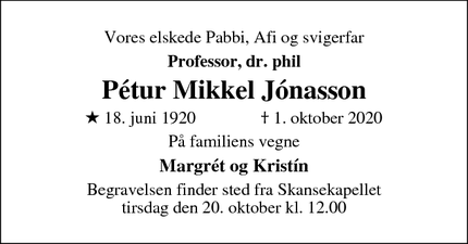 Dødsannoncen for Pétur Mikkel Jónasson - Nærum