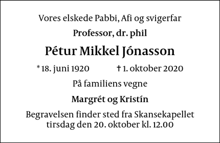 Dødsannoncen for Pétur Mikkel Jónasson - Nærum