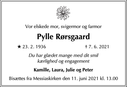 Dødsannoncen for Pylle Rørsgaard - Hellerup