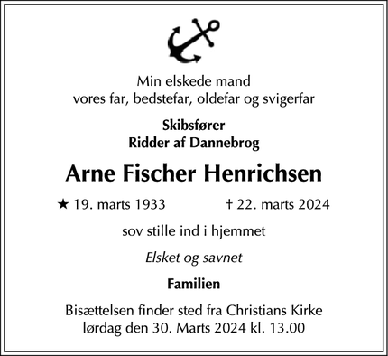 Dødsannoncen for Arne Fischer Henrichsen - København