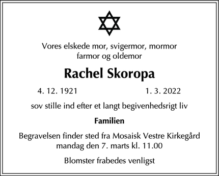 Dødsannoncen for Rachel Skoropa - København