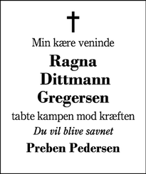 Dødsannoncen for Ragna
 Dittmann Gregersen - Lind