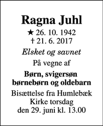 Dødsannoncen for Ragna Juhl - Humlebæk