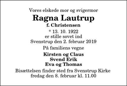 Dødsannoncen for Ragna Lautrup - Svenstrup J