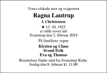 Dødsannoncen for Ragna Lautrup - Svenstrup J