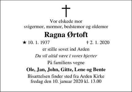 Dødsannoncen for Ragna Ørtoft - Arden