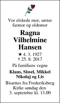 Dødsannoncen for Ragna Vilhelmine Hansen - Frederiksberg