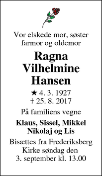 Dødsannoncen for Ragna Vilhelmine Hansen - Frederiksberg