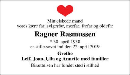 Dødsannoncen for Ragner Rasmussen - Årslev