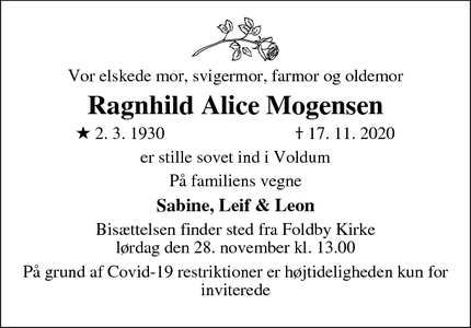 Dødsannoncen for Ragnhild Alice Mogensen - Foldby