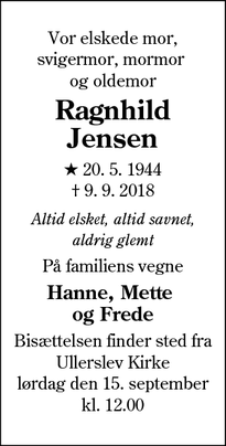 Dødsannoncen for Ragnhild Jensen - Ullerslev