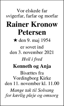 Dødsannoncen for Rainer Kronow
Petersen - Vordingborg