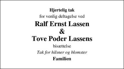 Taksigelsen for Ralf Ernst Lassen
&
Tove Poder Lassens - Esbjerg