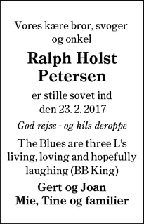 Dødsannoncen for Ralph Holst Petersen - Aabenraa