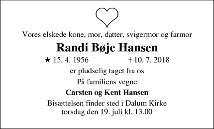 Dødsannoncen for Randi Bøje Hansen - Odense