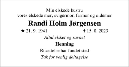 Dødsannoncen for Randi Holm Jørgensen - Næstved