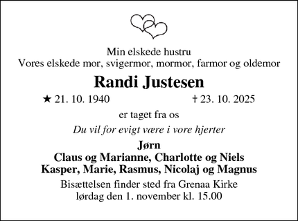 Dødsannoncen for Randi Justesen - Grenaa