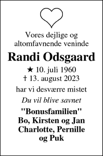Dødsannoncen for Randi Odsgaard - Silkeborg