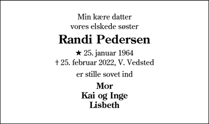 Dødsannoncen for Randi Pedersen - Ribe 