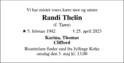 Dødsannoncen for Randi Thelin - København