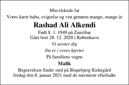 Dødsannoncen for Rashad Ali Alkendi - København Ø
