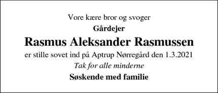 Dødsannoncen for Rasmus Aleksander Rasmussen - Ulstrup