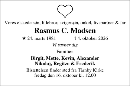 Dødsannoncen for Rasmus C. Madsen - Kastrup