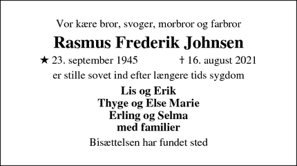Dødsannoncen for Rasmus Frederik Johnsen - Ørum Djurs