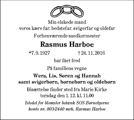 Dødsannoncen for Rasmus Harboe - Sønderborg