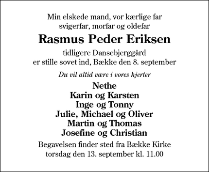 Dødsannoncen for Rasmus Peder Eriksen - Bække