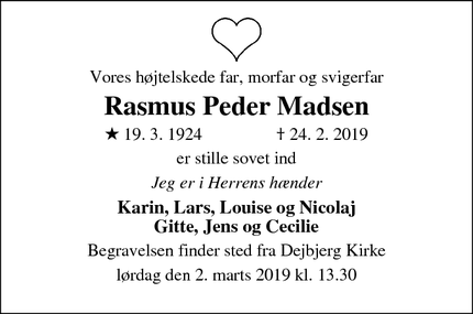 Dødsannoncen for Rasmus Peder Madsen - Skjern