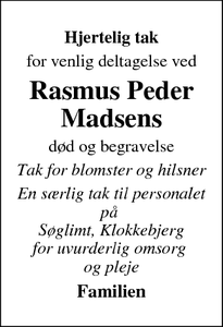 Taksigelsen for Rasmus Peder Madsens - Skjern