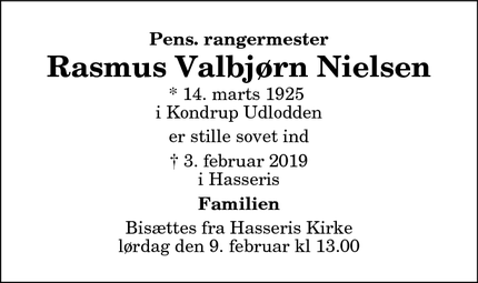 Dødsannoncen for Rasmus Valbjørn Nielsen - Hasseris, Aalborg
