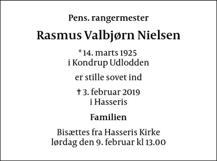 Dødsannoncen for Rasmus Valbjørn Nielsen - Hasseris, Aalborg