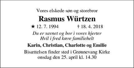 Dødsannoncen for Rasmus Würtzen - HILLERØD