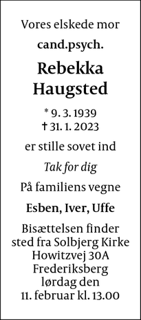 Dødsannoncen for Rebekka
Haugsted - København K