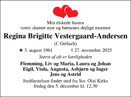 Dødsannoncen for Regina Brigitte Vestergaard-Andersen - Helsingør
