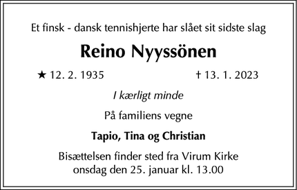Dødsannoncen for Reino Nyyssönen - Virum